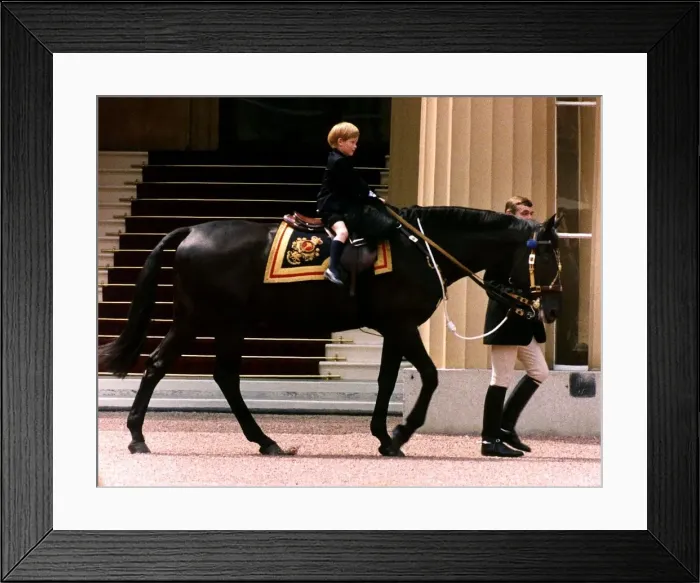 Framed Print : Prince Harry astride a horse being lead by a groom Framed Print : Prince Harry astride a horse being lead by a groom