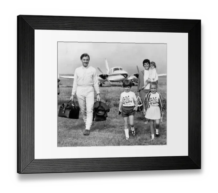 Framed Print : Graham Hill Motor Racing with wife Betty Hill and children Framed Print : Graham Hill Motor Racing with wife Betty Hill and children