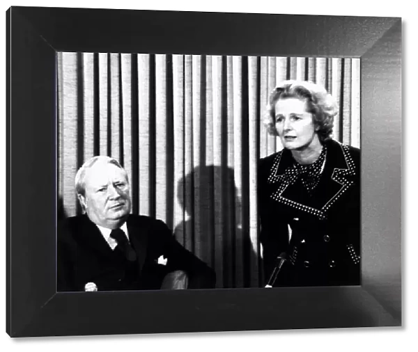 Margaret Thatcher at a Conservative Party Press Conference with the Then Prime Minister
