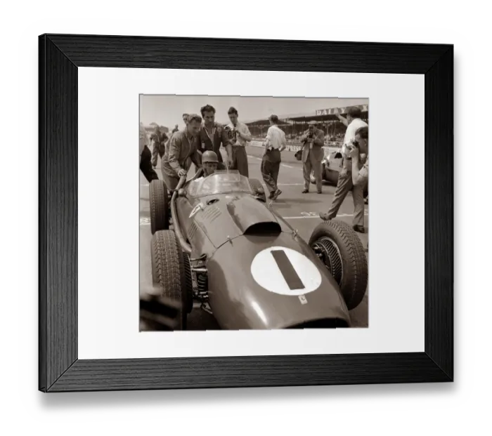 Framed Print : British Grand Prix Silverstone July 1958. Peter Collins sits in his Ferrari Dino Framed Print : British Grand Prix Silverstone July 1958. Peter Collins sits in his Ferrari Dino