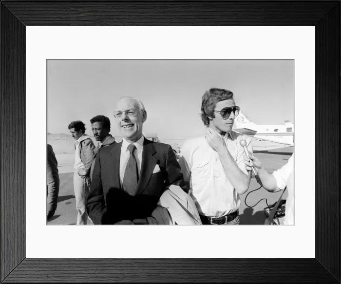 Framed Print : Mark Thatcher leaving the Algerian presidents private jet with father Denis