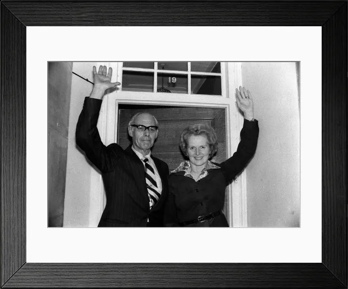 Framed Print : Conservative politician Margaret Thatcher waves at the front door of her home with Framed Print : Conservative politician Margaret Thatcher waves at the front door of her home with