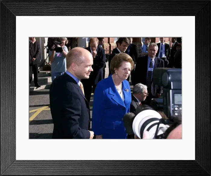 Framed Print : William Hague, Leader of the Conservative party stands alongside Lady Thatcher on her Framed Print : William Hague, Leader of the Conservative party stands alongside Lady Thatcher on her