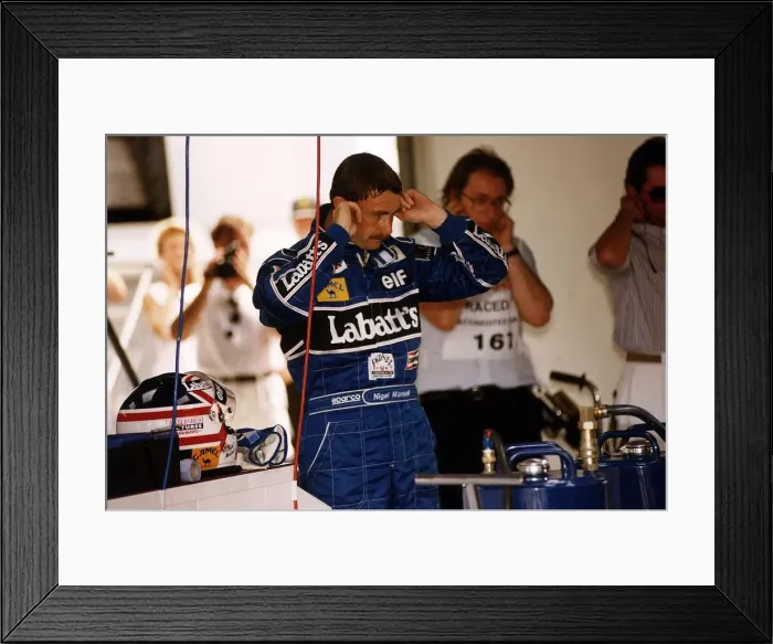Framed Print : Nigel Mansell Motor Racing Driver Formula One F1 blocks his ears with his fingers while Framed Print : Nigel Mansell Motor Racing Driver Formula One F1 blocks his ears with his fingers while