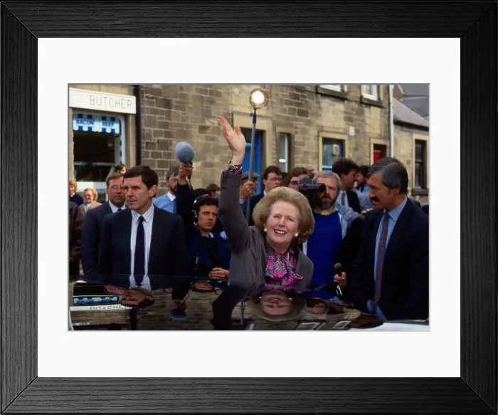 Framed Print : Prime Minister Margaret Thatcher waves to crowds outside Houstons the bakers during a Framed Print : Prime Minister Margaret Thatcher waves to crowds outside Houstons the bakers during a