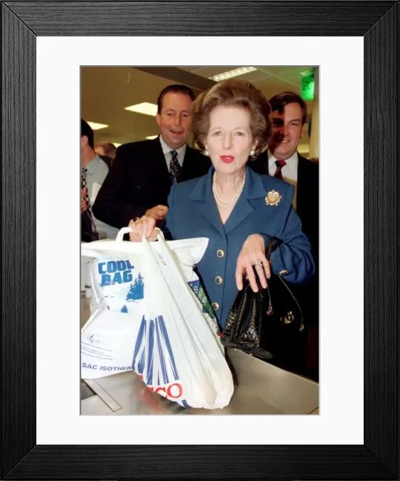 Framed Print : Margaret Thatcher former Conservative Prime Minister holding a Tesco plastic carrier bag Framed Print : Margaret Thatcher former Conservative Prime Minister holding a Tesco plastic carrier bag
