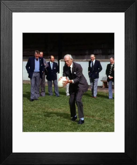 Framed Print : Denis Thatcher holding rugby ball September 1986