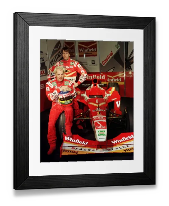 Framed Print : Jacques Villeneuve with Heinz Harald Fretzen January 1998 unvailing their new