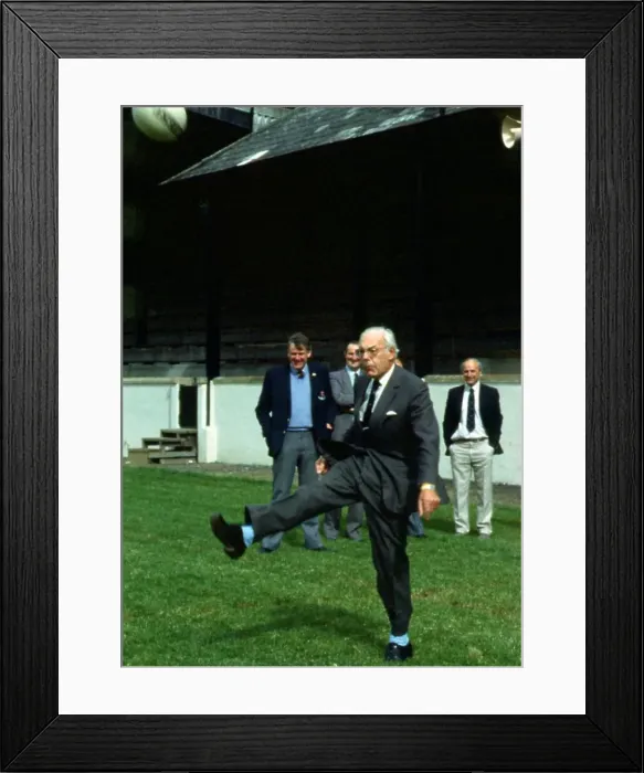 Framed Print : Denis Thatcher kicking rugby ball September 1986 Framed Print : Denis Thatcher kicking rugby ball September 1986