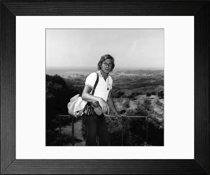 Framed Print : Motor racing driver James Hunt in Spain on holiday 1975