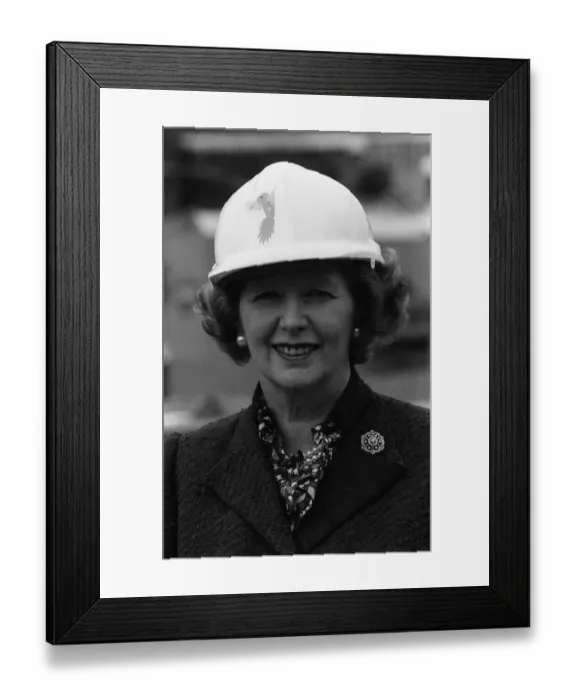 Framed Print : Margaret Thatcher wearing a hard hat at the site of Liverpool Street Station in London Framed Print : Margaret Thatcher wearing a hard hat at the site of Liverpool Street Station in London