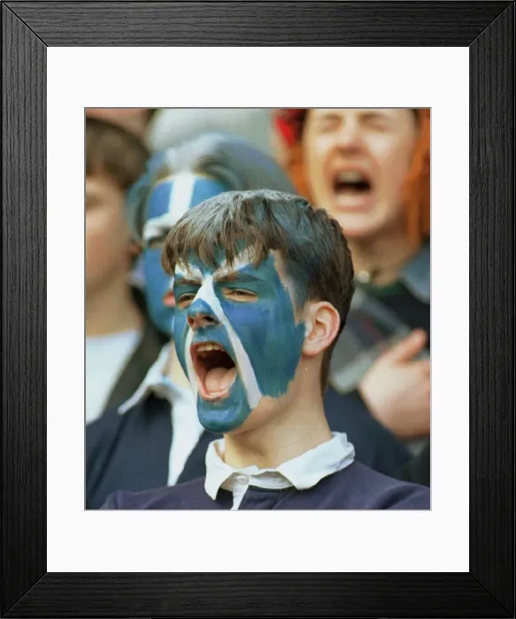 Framed Print : Scotland supporter shouts encouragement to rugby team during international against Framed Print : Scotland supporter shouts encouragement to rugby team during international against