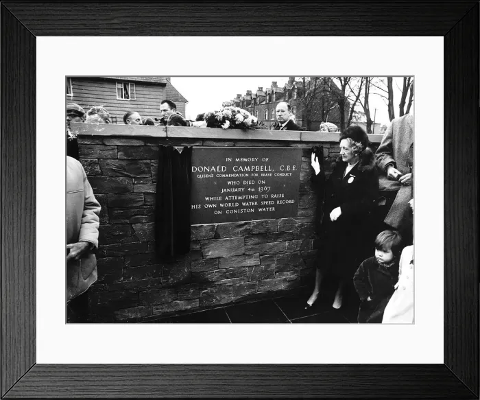 Framed Print : Donald Campbell World water and land speed record A plaque on wall in memory of his death