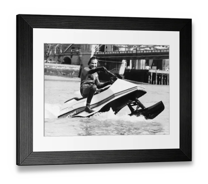 Framed Print : MotorCycles Rider Barry Sheene tried out a Wetbike on the Thames in London Framed Print : MotorCycles Rider Barry Sheene tried out a Wetbike on the Thames in London