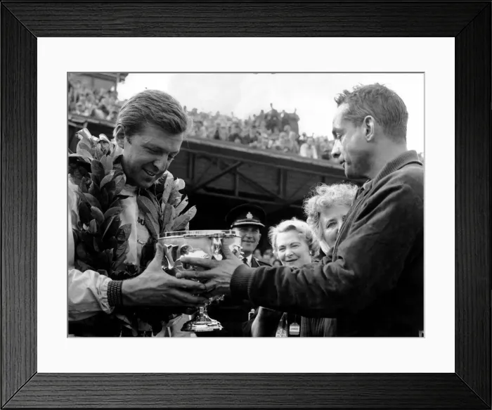 Framed Print : British Grand Prix Aintree July 1961 Wolfgang von Trips driver for Ferrari receives