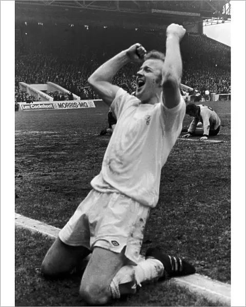 Billy Bremner celebrates after scoring against Wolves at Maine Road to put Leeds through