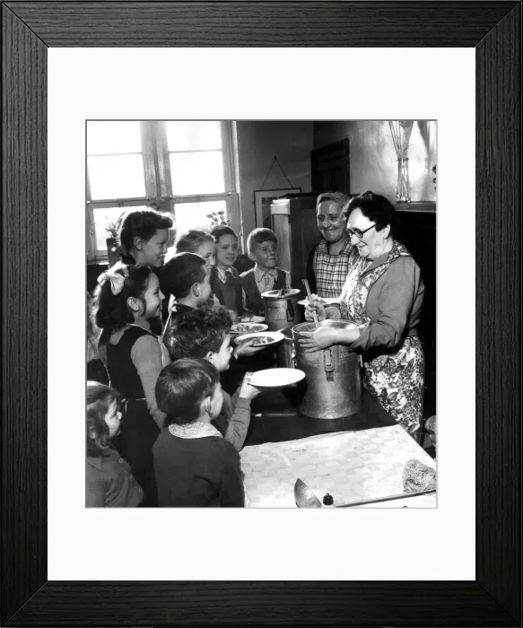 Framed Print : Schoolmistress Jean Cambell serving 17 children their school dinner Framed Print : Schoolmistress Jean Cambell serving 17 children their school dinner