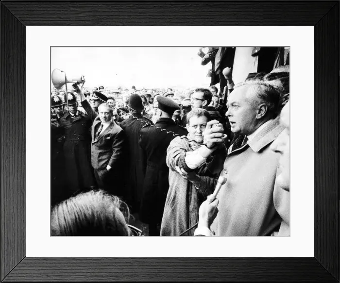 : Harold Wilson British Prime Minister and leader of the Labour party at a rally giving : Harold Wilson British Prime Minister and leader of the Labour party at a rally giving