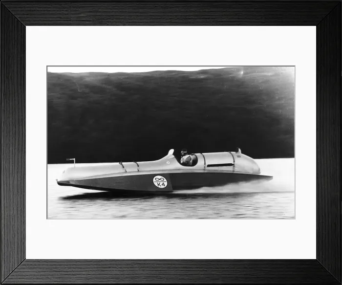 Framed Print : Donald Campbell at the wheel of Bluebird at a speed of 90mph on enestan water Framed Print : Donald Campbell at the wheel of Bluebird at a speed of 90mph on enestan water