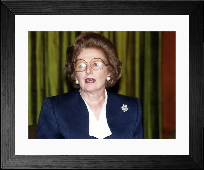 Framed Print : Lady Margaret Thatcher at a press conference wearing glasses Framed Print : Lady Margaret Thatcher at a press conference wearing glasses