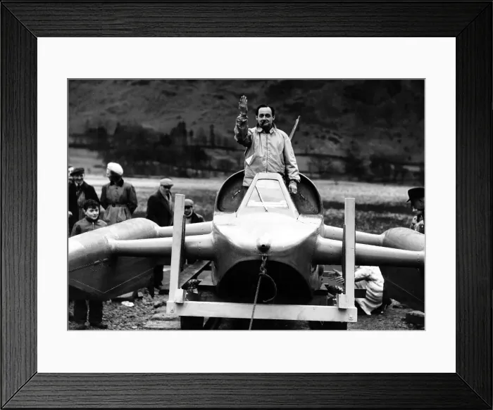 Framed Print : Donald Campbell launches Bluebird K7 on Ullswater for tests, 8th February 1955 Framed Print : Donald Campbell launches Bluebird K7 on Ullswater for tests, 8th February 1955