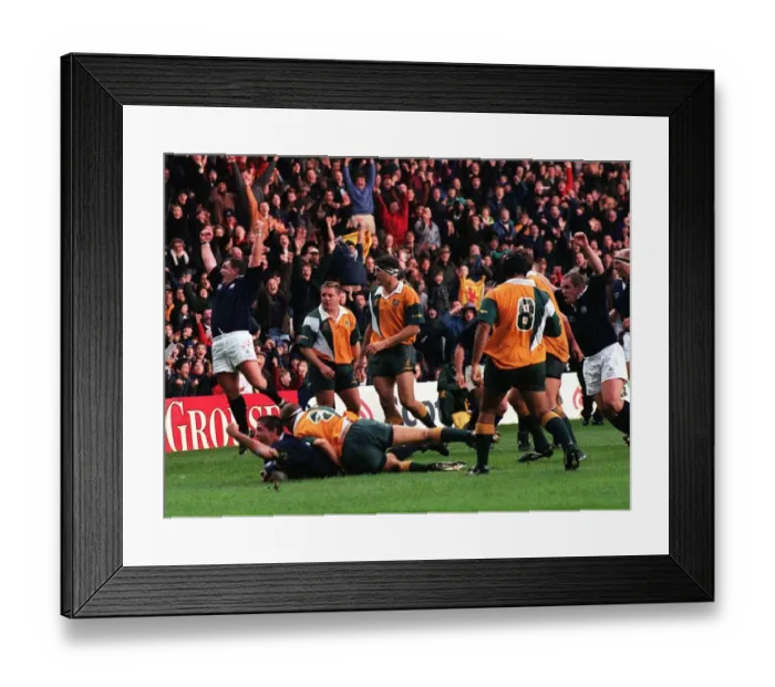 Framed Print : Scotland 8 Australia 37 November 1997 Scotlands Only Happy Moment Scott Murray Dives Over Framed Print : Scotland 8 Australia 37 November 1997 Scotlands Only Happy Moment Scott Murray Dives Over