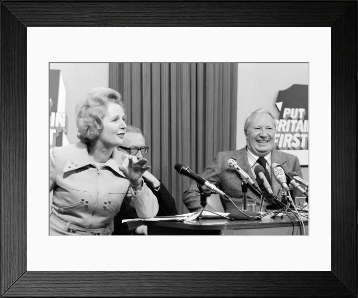 Framed Print : Margaret Thatcher speaking at an election press conference with Edward Heath