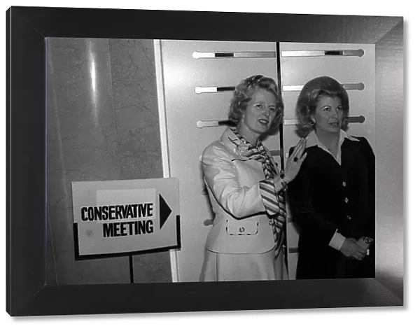 Margaret Thatcher with Shadow Consume Sally Oppenheim at Europa Hotel after being