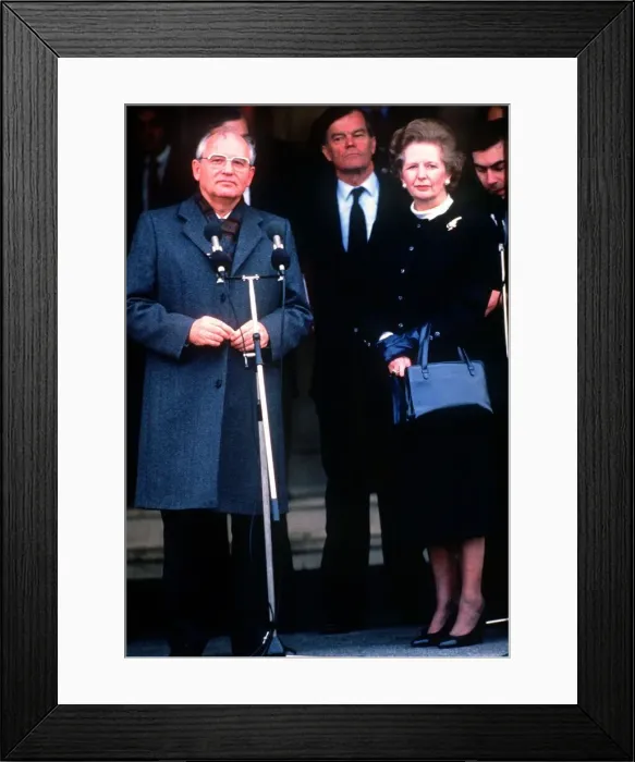 Framed Print : Soviet leader Mikhail Gorbachev at Brize Norton speaking into a microphone as he stands Framed Print : Soviet leader Mikhail Gorbachev at Brize Norton speaking into a microphone as he stands