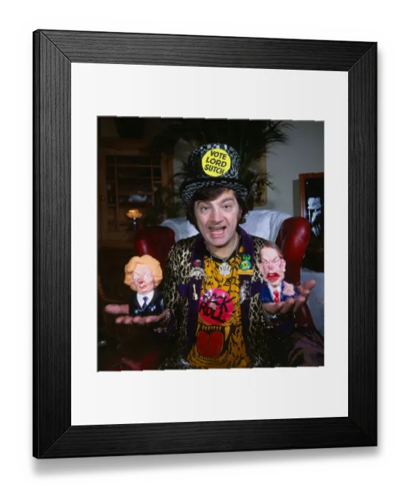 Framed Print : Lord Sutch May 1989 holding Margaret Thatcher and Ronald Reagan dog chews