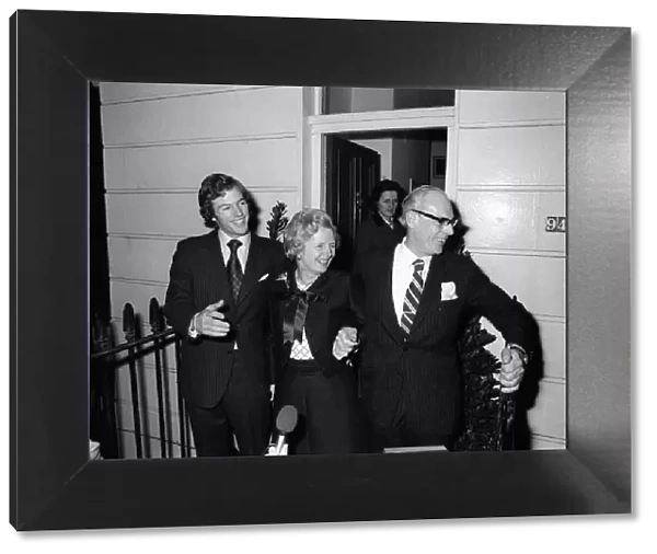 Margaret Thatcher with her husband Denis and son Mark after winning the Conservative