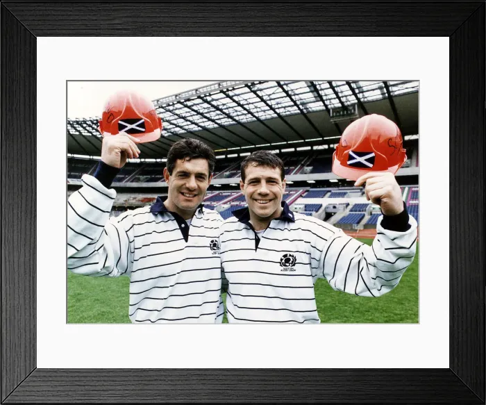 Framed Print : Scott Hastings and Gavin Hastings of the Scotland rugby squad standing in stadium holding