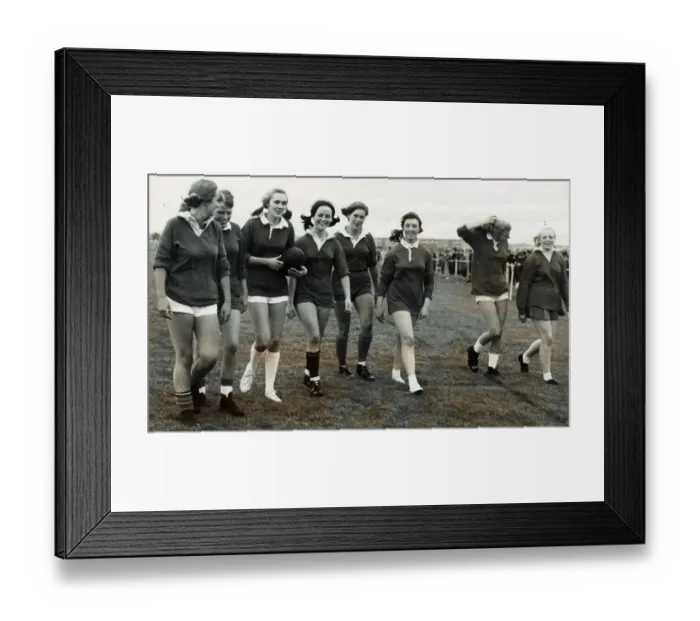 Framed Print : Ardrossan Ladies 7-a-side rugby players leave pitch after game September 1967