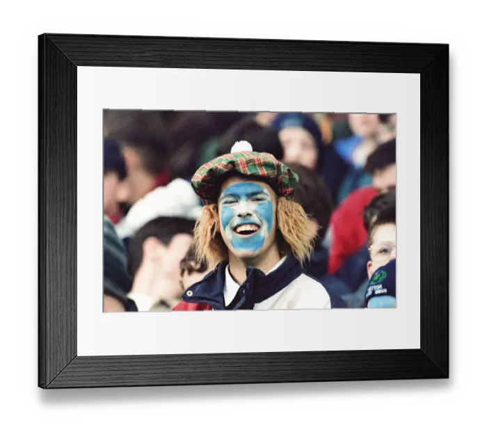Framed Print : Scots Fan Murrayfield wearing tartan tammy saltire flag painted on face red hair Scotland