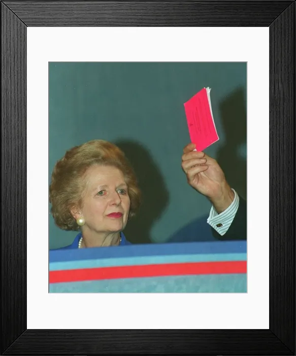 Framed Print : Red card for Margaret Thatcher Pictured in 1993 at the Conservative Conference in Framed Print : Red card for Margaret Thatcher Pictured in 1993 at the Conservative Conference in