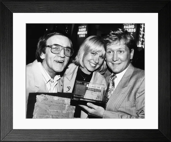 Framed Print : Mike Smith DJ with Sarah Greene and DJ Alan Freeman at radio one April 1988 Framed Print : Mike Smith DJ with Sarah Greene and DJ Alan Freeman at radio one April 1988