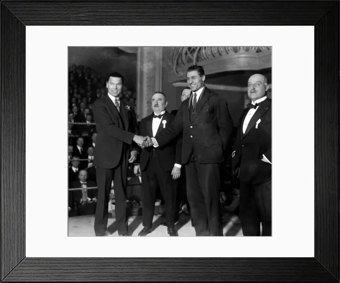 Framed Print : Jack Dempsey at the national Sporting Club shakes hands with Phil Scott