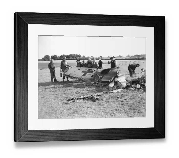 Framed Print : Soldiers, Policemen and local farmers inspect the wing of a German Messerschmitt BF109E Framed Print : Soldiers, Policemen and local farmers inspect the wing of a German Messerschmitt BF109E