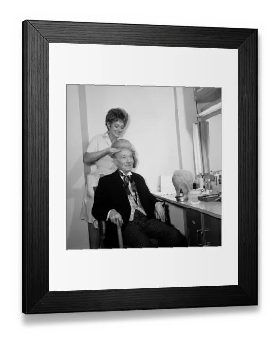 Framed Print : Actor William Hartnell - the first Doctor - pictured in dressing room as mke up artist