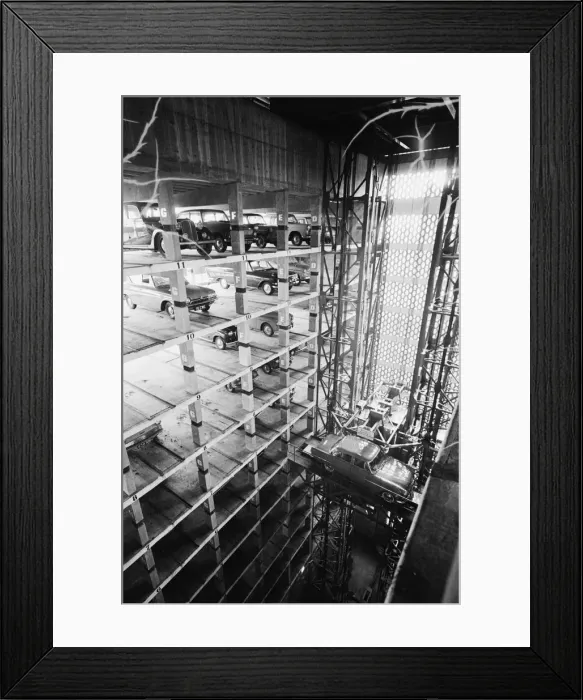 Framed Print : An eleven storey mechanical car park in operation in Shoe Lane