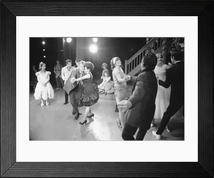 Framed Print : Members of the cast of Grease seen here on stage at the Coventry Theatre during a dress Framed Print : Members of the cast of Grease seen here on stage at the Coventry Theatre during a dress