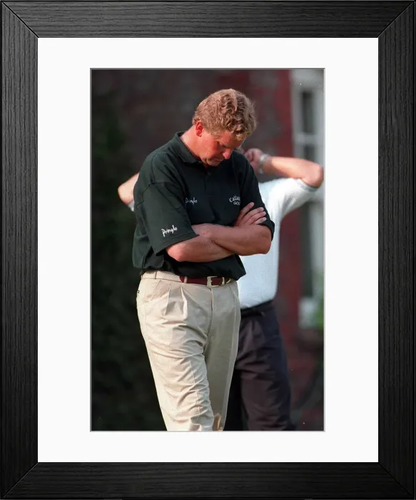 Framed Print : Colin Montgomerie Golfer looks dejected after missing the cut in the 1996 British Open