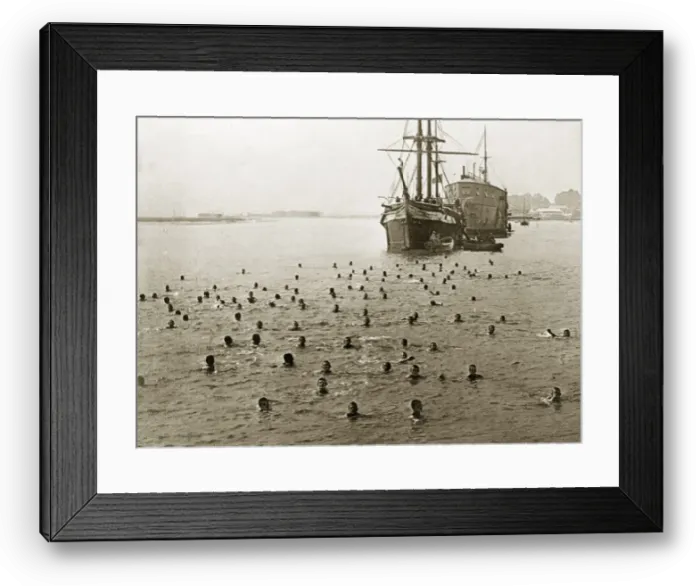Framed Print : Naval cadets taking a swim around the Training ship Mercury a former Royal Navy ship of Framed Print : Naval cadets taking a swim around the Training ship Mercury a former Royal Navy ship of