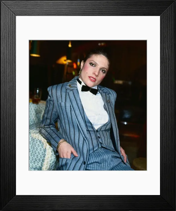 Framed Print : Suzanne Danielle actress March 1982 wearing grey black striped suit white shirt Framed Print : Suzanne Danielle actress March 1982 wearing grey black striped suit white shirt