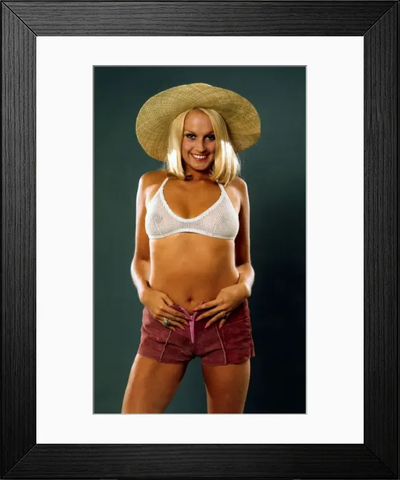 Framed Print : Lynn Kaye wearing straw hat string bra November 1972 Framed Print : Lynn Kaye wearing straw hat string bra November 1972