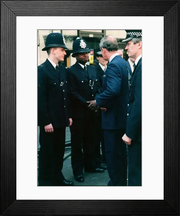 Framed Print : Prince Charles visits the scene of the Soho bomb April 1999 Here he is chatting to Framed Print : Prince Charles visits the scene of the Soho bomb April 1999 Here he is chatting to