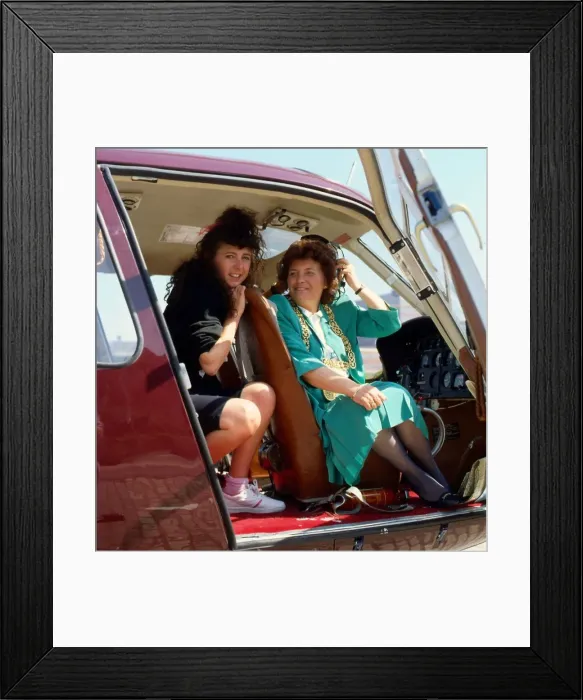 Framed Print : Katie Murphy with Susan Baird in helicopter May 1988 Framed Print : Katie Murphy with Susan Baird in helicopter May 1988