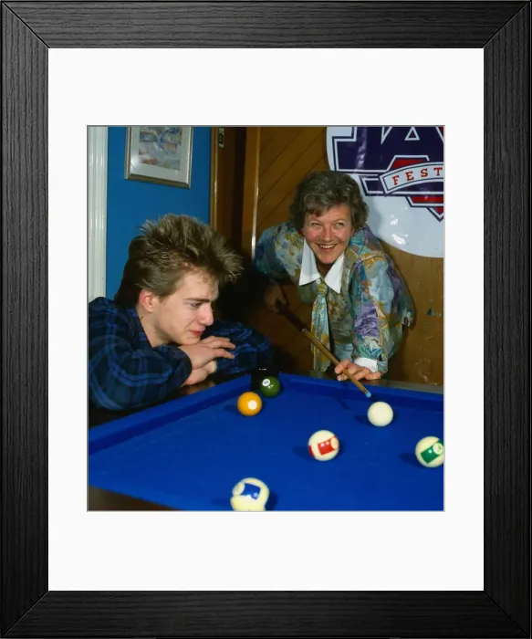 Framed Print : Eileen McCallum actress April 1987 playing snooker pool with her son