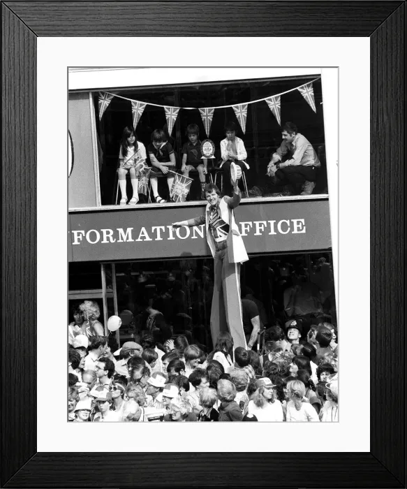 Framed Print : Man on stilts outside army careers office in the Strand 119981 during celebrations