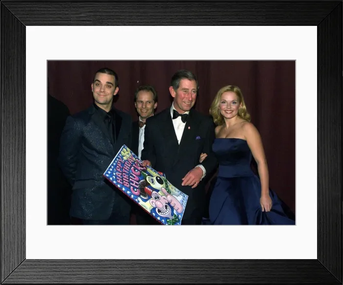 Framed Print : Prince Charles on 50th Birthday admiring October 1998 Geri Halliwell in her low Framed Print : Prince Charles on 50th Birthday admiring October 1998 Geri Halliwell in her low